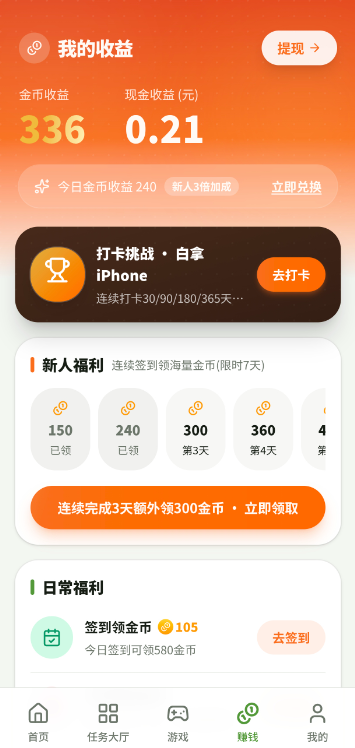 易悬赏APP赚钱页:打卡挑战白拿iPhone、新人福利连续签到领金币、开宝箱等日常福利