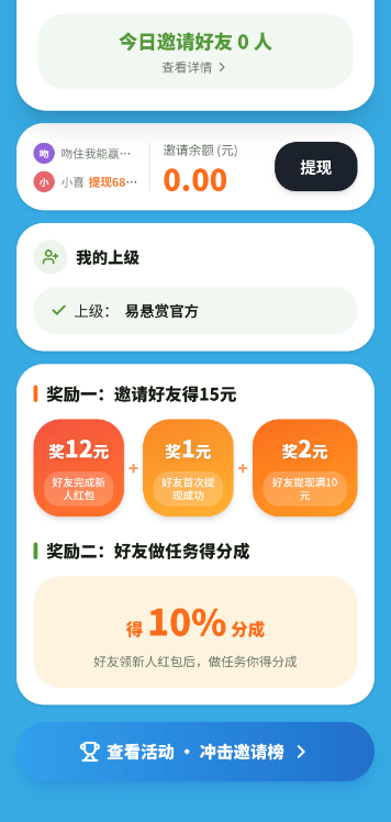 易悬赏APP邀请好友页面:每邀请1位好友赚15元,支持微信、二维码、链接邀请